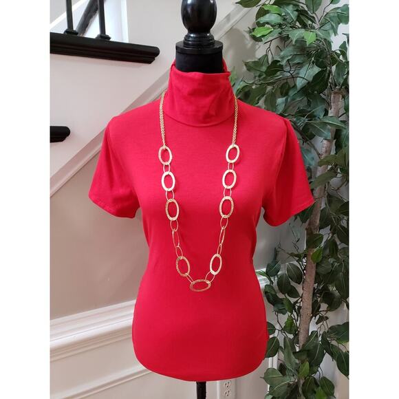 Kenneth Cole Top Blouse Medium Red Solid Cotton Short Sleeve Mock Neck Pullover - Picture 1 of 12